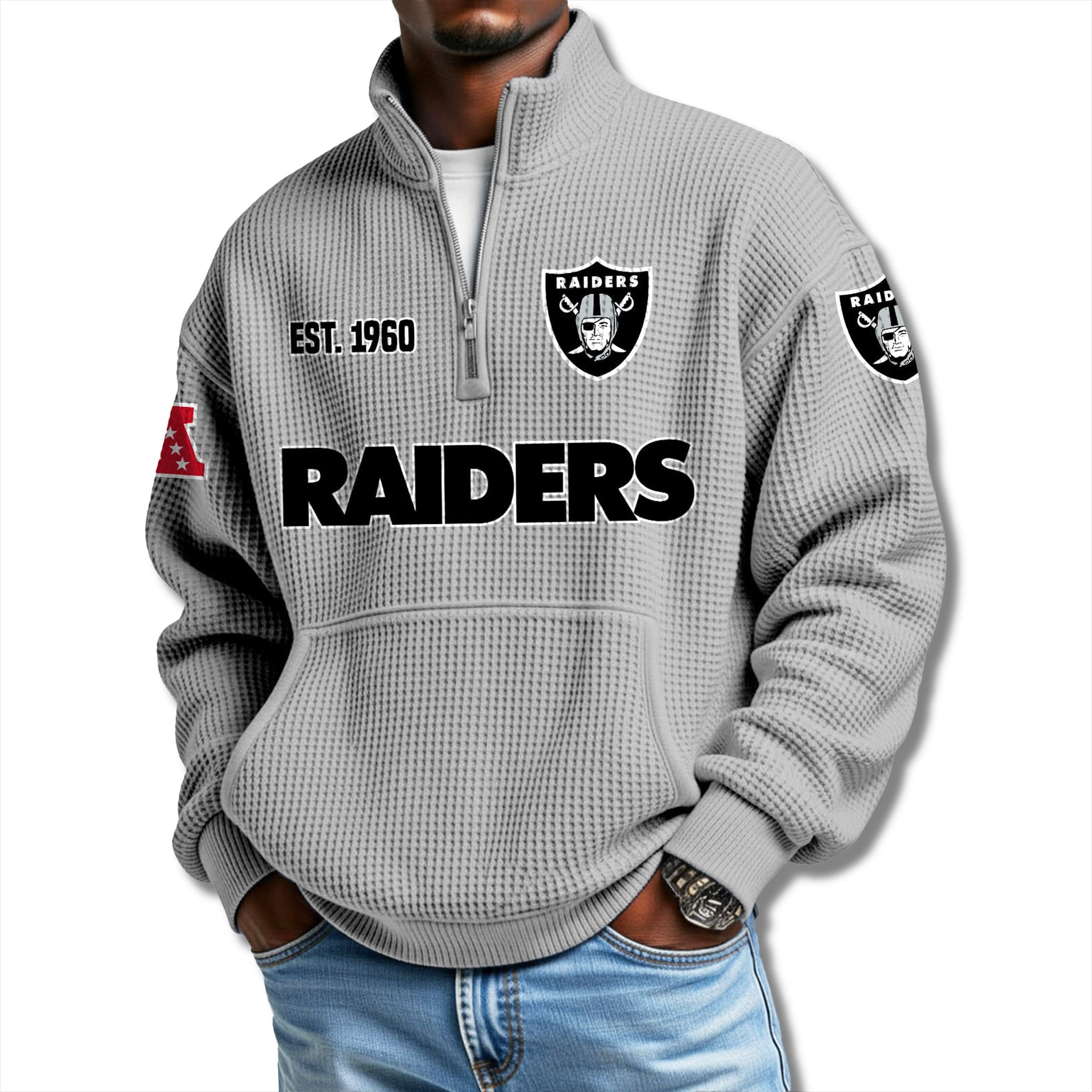 Raiders EST 1960 Waffle Quarter Zip Sweater 2 Las Vegas Raiders EST 1960 Waffle Quarter Zip Sweater 2