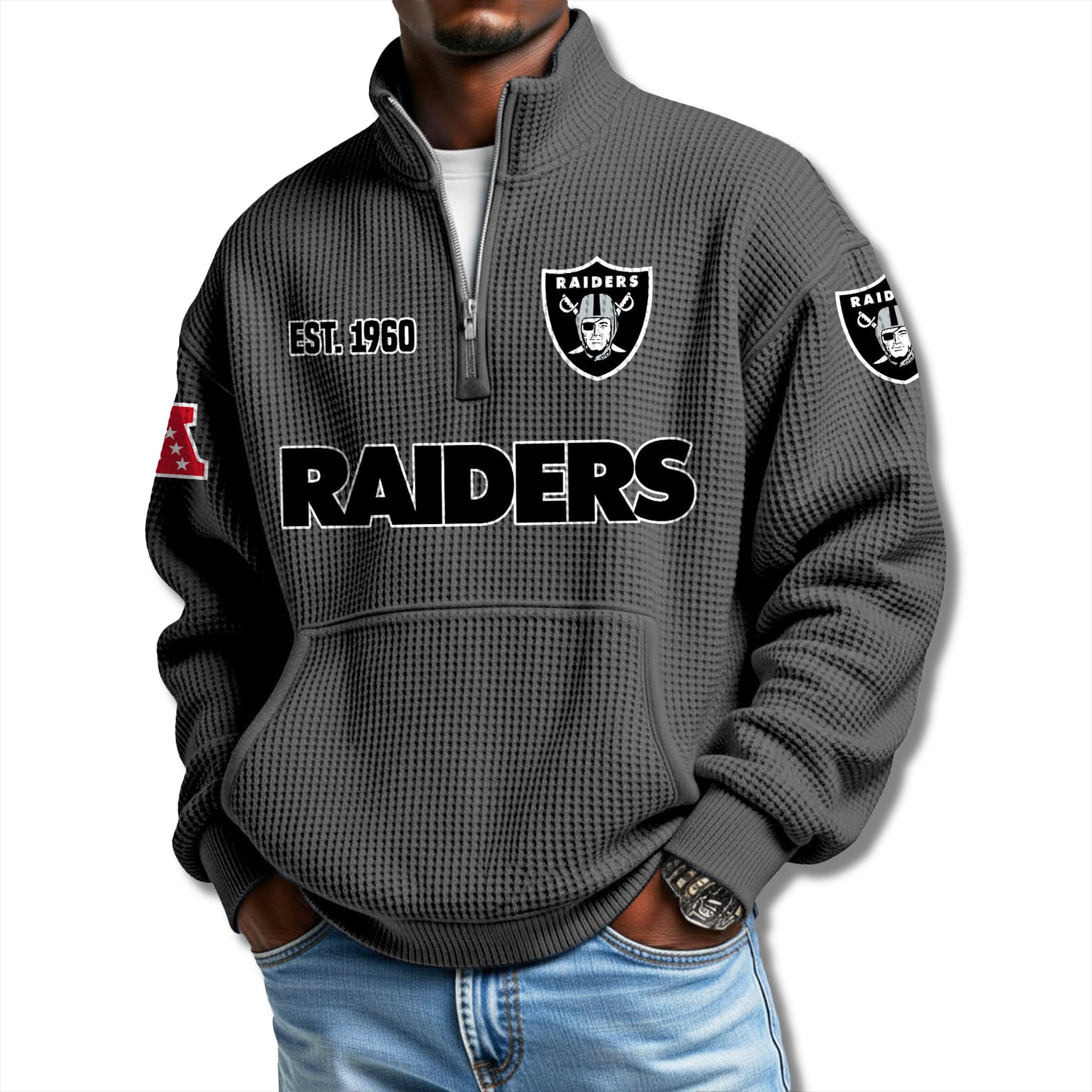 Raiders EST 1960 Waffle Quarter Zip Sweater 3 Las Vegas Raiders EST 1960 Waffle Quarter Zip Sweater 3