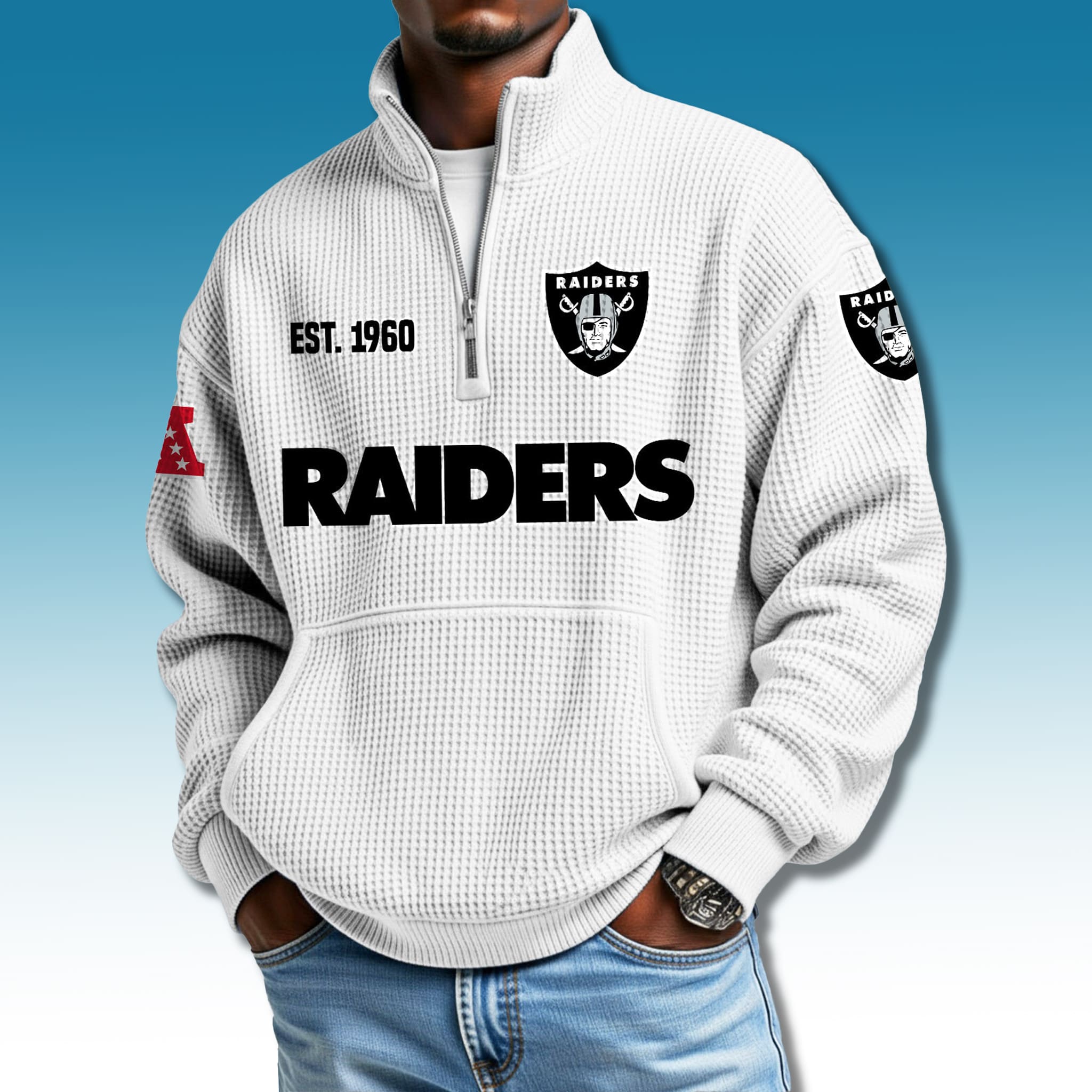 Raiders EST 1960 Waffle Quarter Zip Sweater 4 Las Vegas Raiders EST 1960 Waffle Quarter Zip Sweater