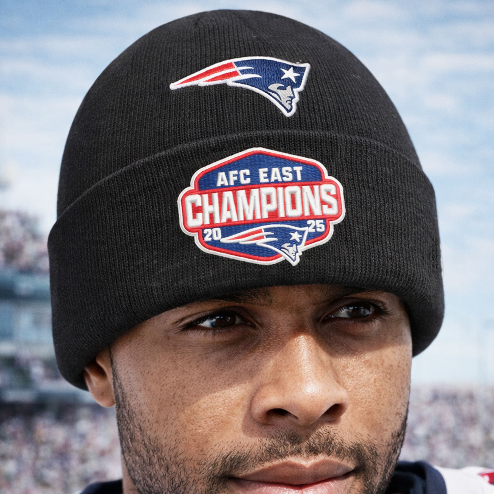 New England Patriots 2025 AFC East Champions Beanie Hat 2 New England Patriots 2025 AFC East Champions Beanie Hat 2