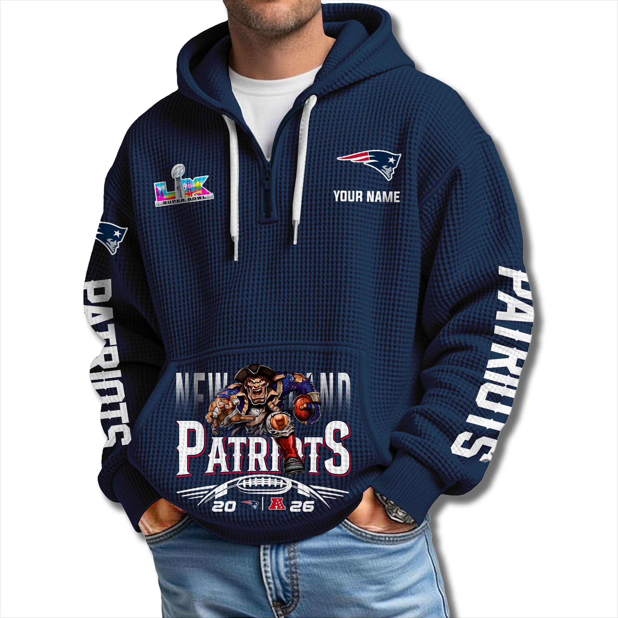 Patriots 2026 Superbowl Waffle Quarter Zip Hoodie 1 Patriots 2026 Superbowl Waffle Quarter Zip Hoodie 3