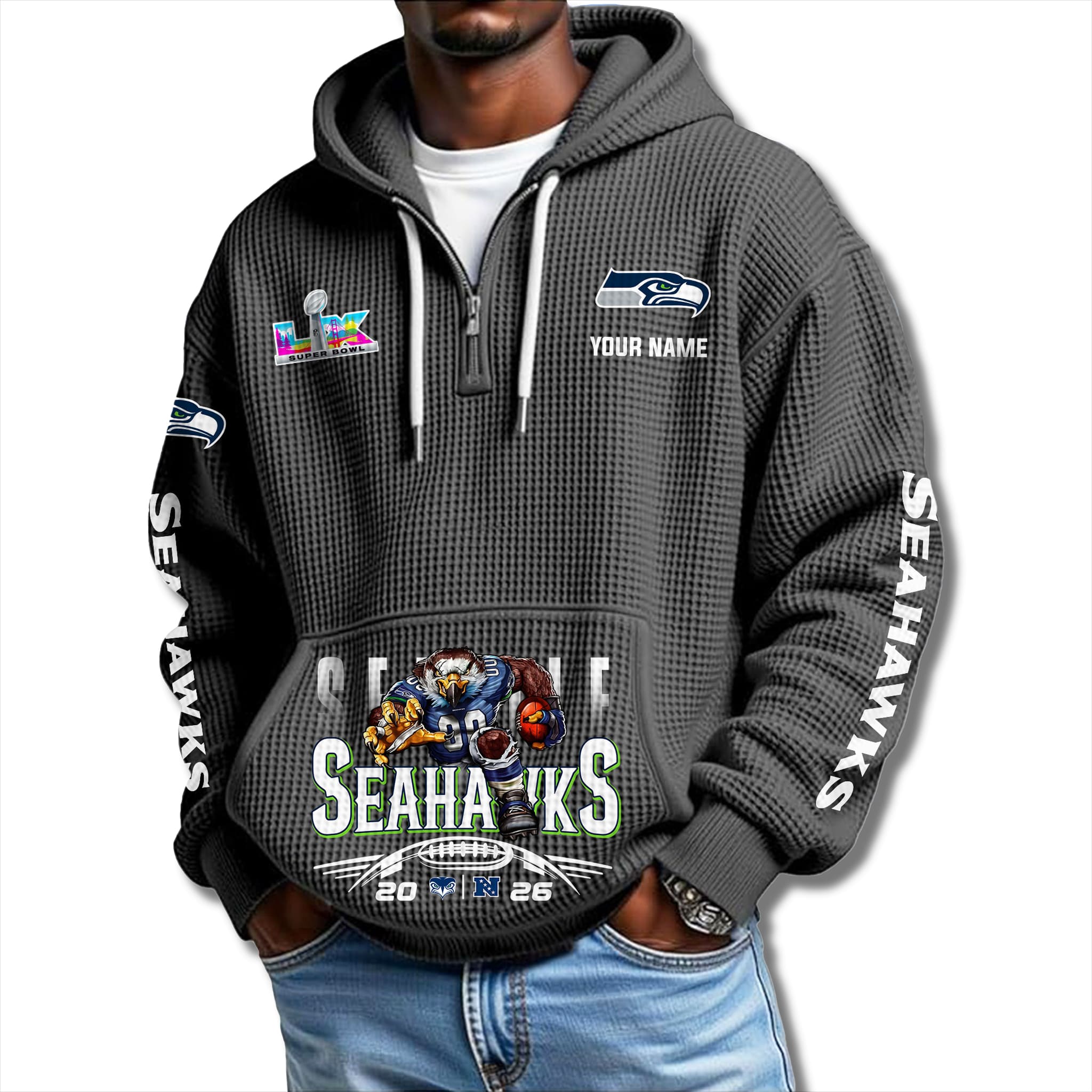 Seahawks NFC Champions SBLX Waffle Quarter Zip Hoodie 2 Seahawks NFC Champions SBLX Waffle Quarter Zip Hoodie 2