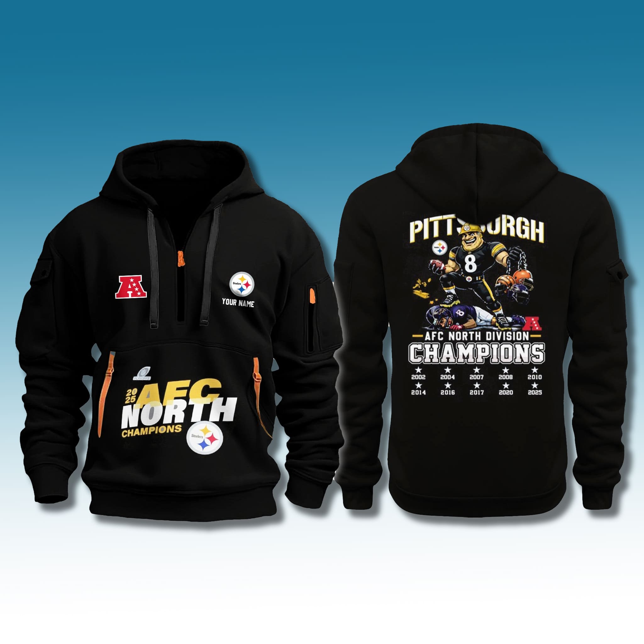 Steelers 2025 AFC North Champions Quarter Zip Hoodie 1 Steelers 2025 AFC North Champions Quarter Zip Hoodie 1