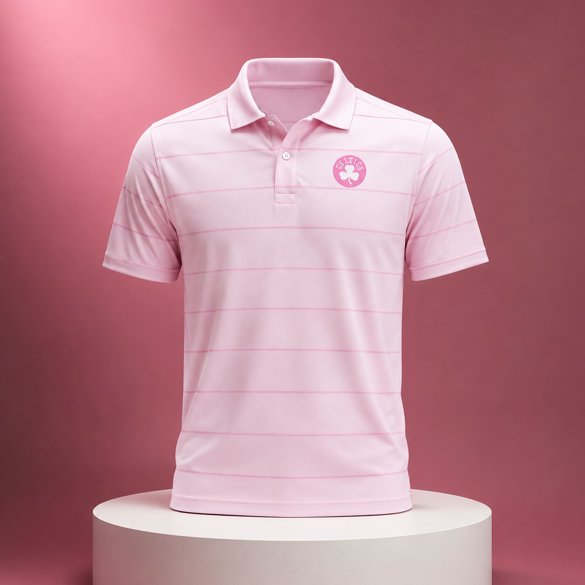 Derrick White Celtics Pink Stripe Polo Shirt 1 Derrick White Celtics Pink Stripe Polo Shirt 1
