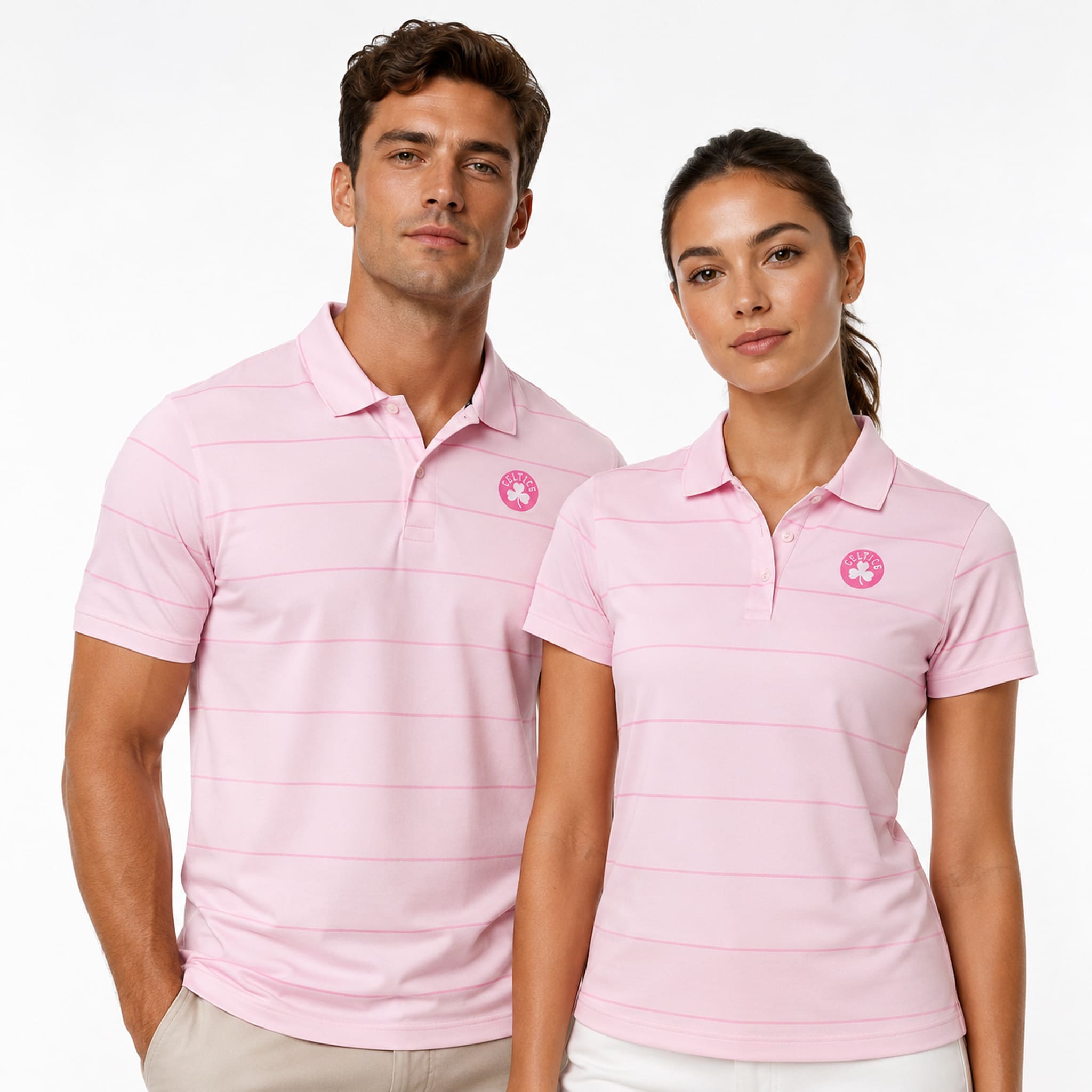 Derrick White Celtics Pink Stripe Polo Shirt 2 Derrick White Celtics Pink Stripe Polo Shirt 2