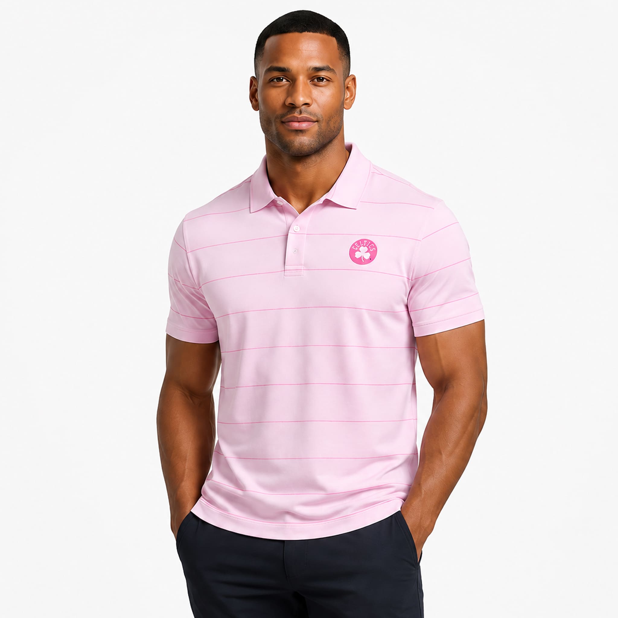 Derrick White Celtics Pink Stripe Polo Shirt 3 Derrick White Celtics Pink Stripe Polo Shirt 3