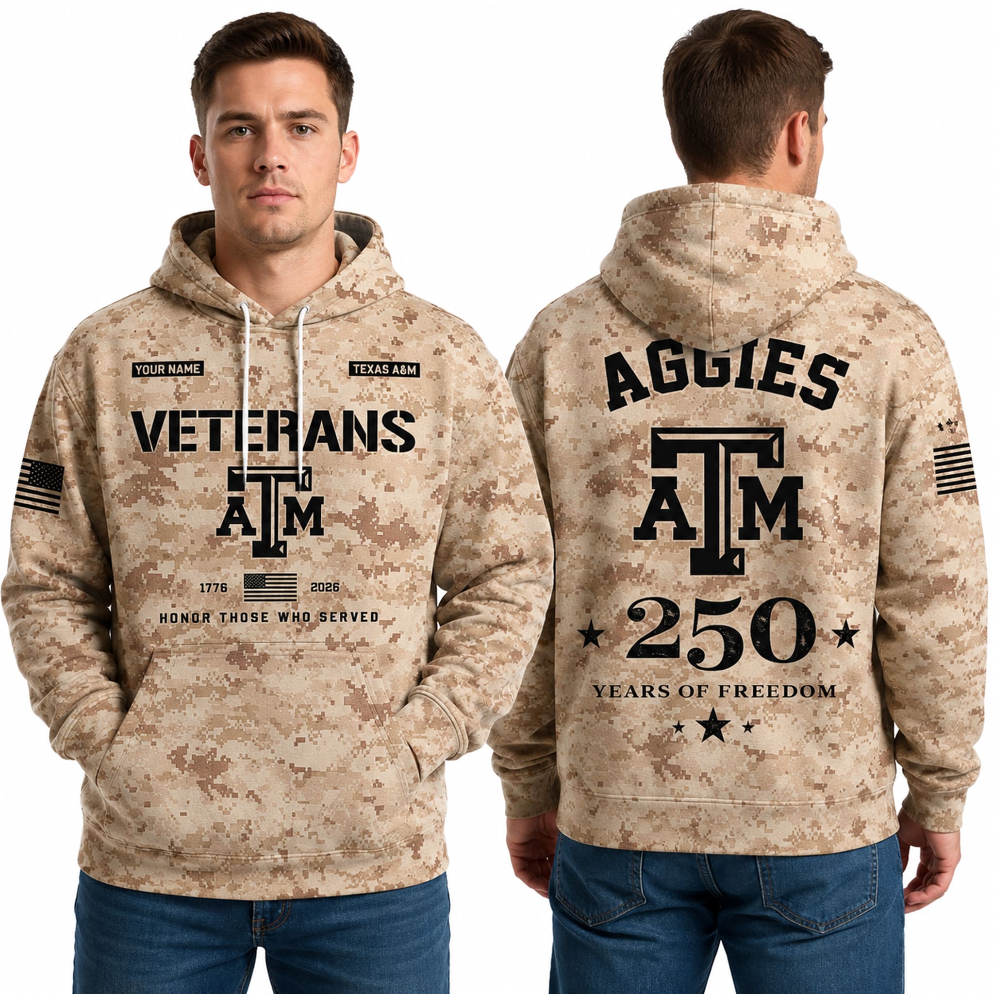 Texas A&M Aggies 250 Years of Freedom Veteran Camo Hoodie 1 Texas AM Aggies Years of Freedom Veteran Camo Hoodie 1