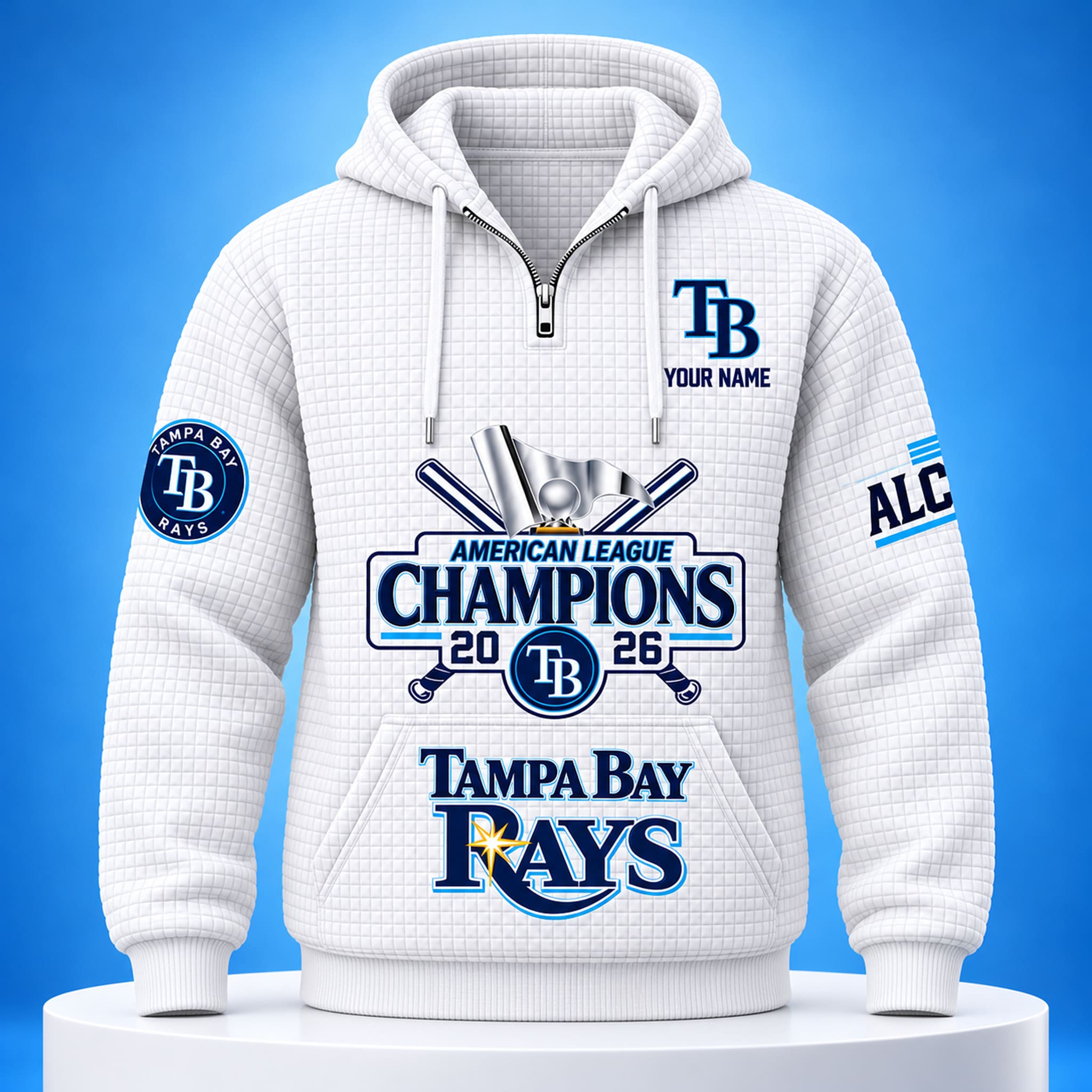 Rays 2026 American League Champions Waffle Quarter Zip Hoodie Rays 2026 American League Champions Waffle Quarter Zip Hoodie màu trắng in logo TB và chữ Tampa Bay Rays