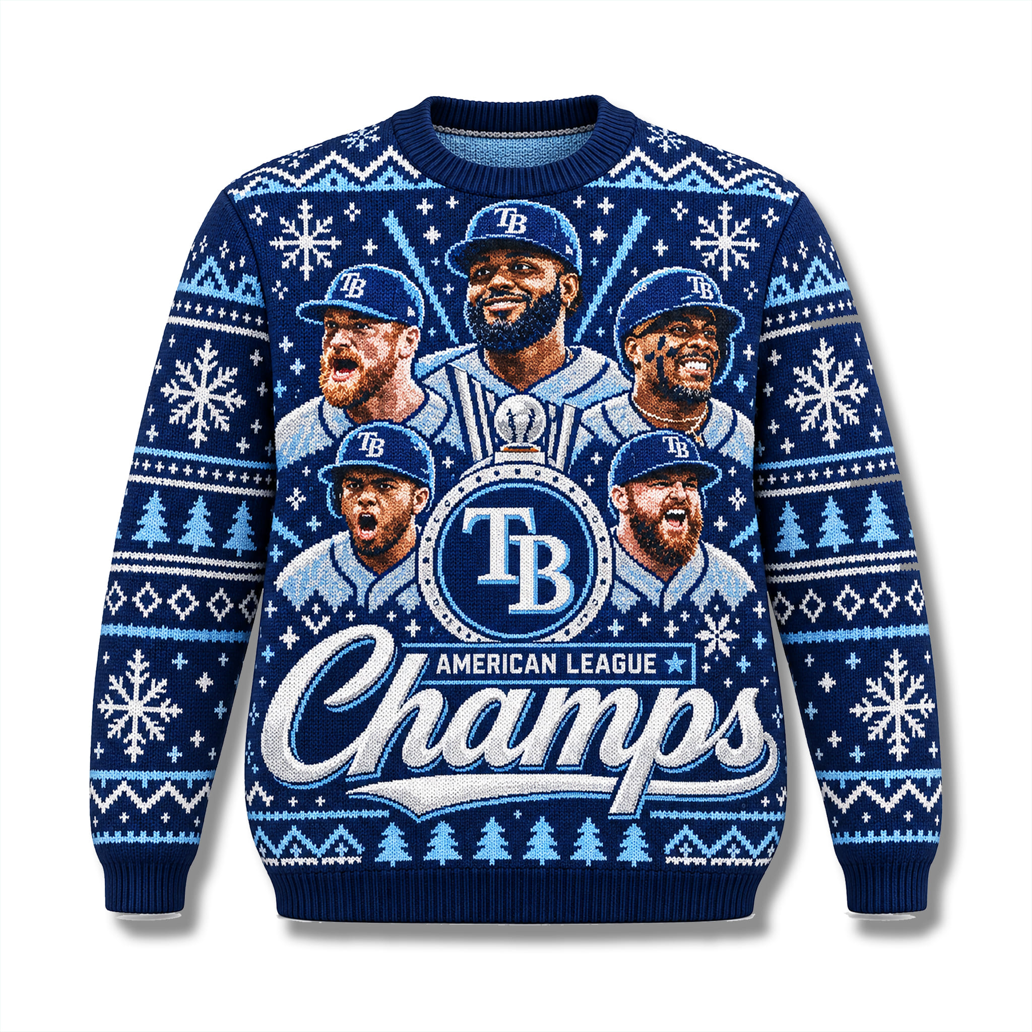 TB Rays American League Champs 2026 Ugly Sweater TB Rays American League Champs 2026 Ugly Sweater với hình cầu thủ ăn mừng và họa tiết Giáng Sinh